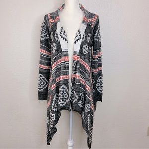 Eyeshadow Boho Aztec Print Open Front Asymmetrical Cardigan Sweater Size Large